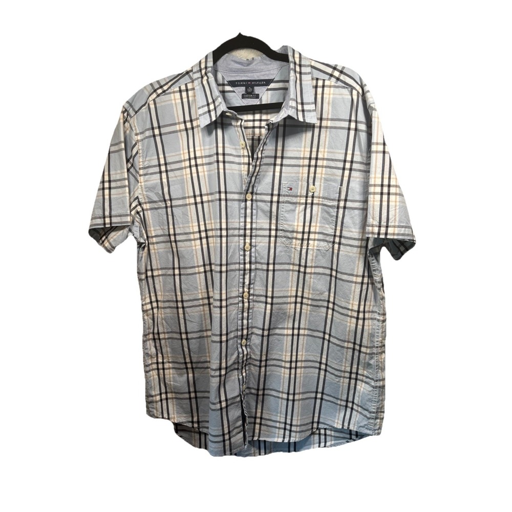 Tommy Hilfiger Plaid Button Down Short Sleeve Shirt Custom Fit XL